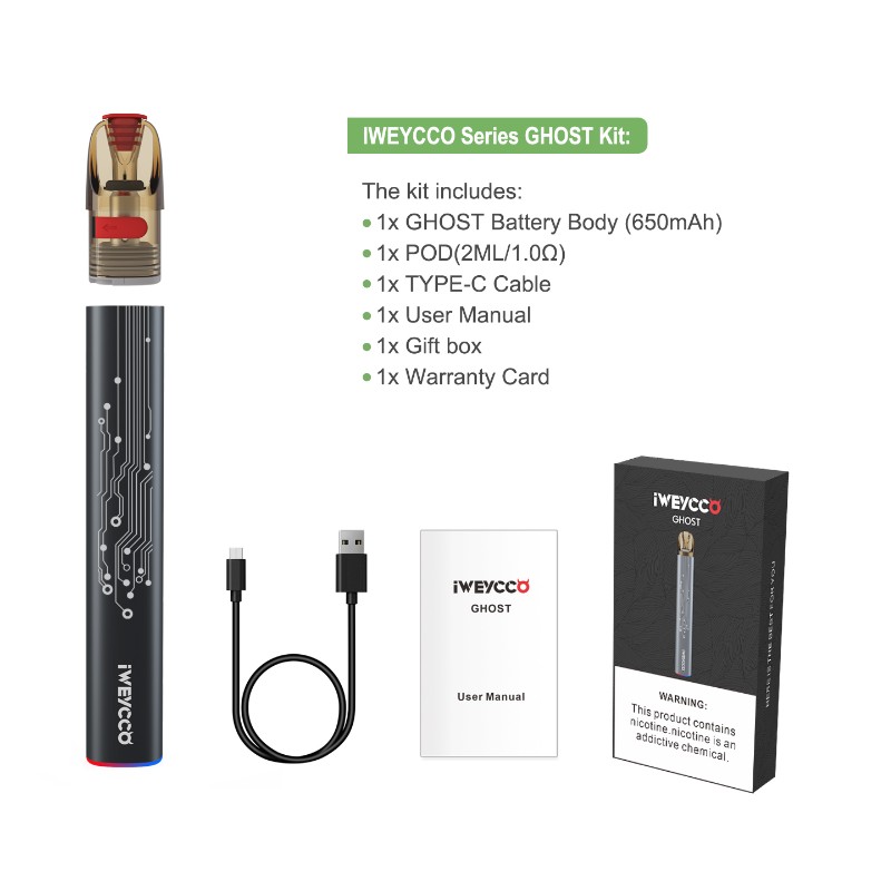 Iweycco Ghost Vape 650mAh 12W Pod Kit Electronic Cigarette 2ml Cartridge Vaporizer para usted