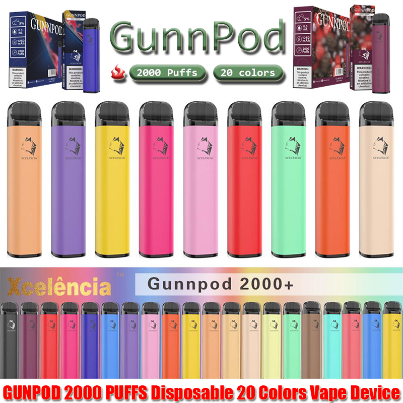 GunnPod 2000 Puffs Vapeable preaplable Vape 1250mAh Batería E Cigarrillo Deivce 18350 8ml Vaporizador Kit de inicio VS Elf Bar 20 Flavs Pen Pod POW POWPOD